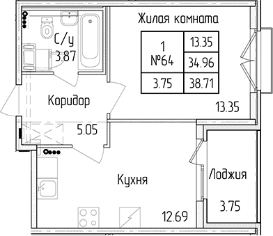 1-комнатная квартира 34.96 м², 3/4 эт., ЖК «Любоград в Стрельне»